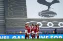 Arsenal's Vivianne Miedema (second left) celebrates scoring their second goal against Tottenham with teammates during the FA Women's Super League match at the Tottenham Hotspur Stadium