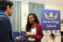 Seven Kings High School, 494 Ley Street, Seven Kings IG2 7BT - A-Level results day.
Lade Salam 18 going to study Radiography at Cardiff, talking to Raul Lalli (left)