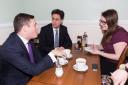 Labour leader Ed Miliband and Wes Streeting MP visit Nesse's Cafe in Ilford to speak to reporter, Laura Burnip.