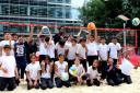 Pupils from Parkhill Junior School and Wohl Ilford Jewish Primary School enjoying some beach volleyball in Canary Wharf