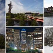 Clockwise from left, Pioneer Point, Ilford; Queen Elizabeth Olympic Park, Stratford; Raphael Park, Romford; Abbey ruins, Barking; Canary Wharf, Docklands