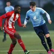 Reece Simpson of Barkingside and Guy Kiangebeni of Clapton during Clapton vs Barkingside, Len Cordell Memorial Cup Football at the Jack Carter Centre on 23rd April 2021