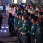 The Duke of Cambridge speaks to the schoolchildren outside Buckingham Palace on day one of the Platinum Jubilee celebrations