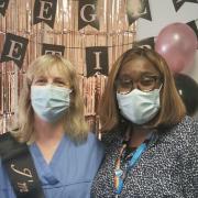 Pippa (left) at her retirement with BHRUT consultant anaesthetist and director for equality, diversity and inclusion, Remi Odejinmi.