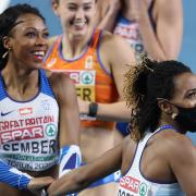Bronze medalist Tiffany Porter of Great Britain (R) and silver medalist Cynthia Sember of Great Britain (L) celebrate following the Women's 60 Metres Hurdles final during the second session on Day 3 of the European Athletics Indoor Championships at Arena