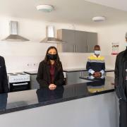Council leader Jas Athwal, Cllr Vanisha Solanki, Ryedale manager Mel Malcolm and resident Parminder at the opening of 18 new studio flats for rough sleepers.