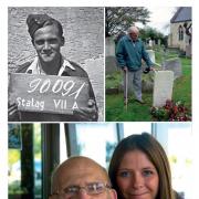 Harold, in 1941 prisoner 90091 at Stalag VIIA, in 2004 at the grave of Harry Jassby and in 2012 with Kirsty Law at Fairlop Waters. Pictures:  David Martin