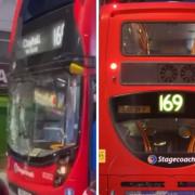 A screengrab (left) from the footage when a man smashed a 169 bus in Ilford Lane