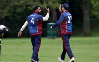 Joe Ellis-Grewal congratulates Zain Shahzad on a wicket. Image: Gavin Ellis/TGS Photo